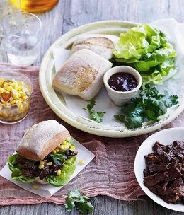 Pulled beef rolls with corn and green chilli relish