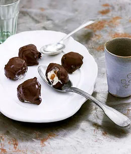 Chocolate-coated panforte ice-cream balls