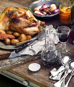 Turkey with pan-roasted vegetables, muscat-glazed onions and spiced oranges