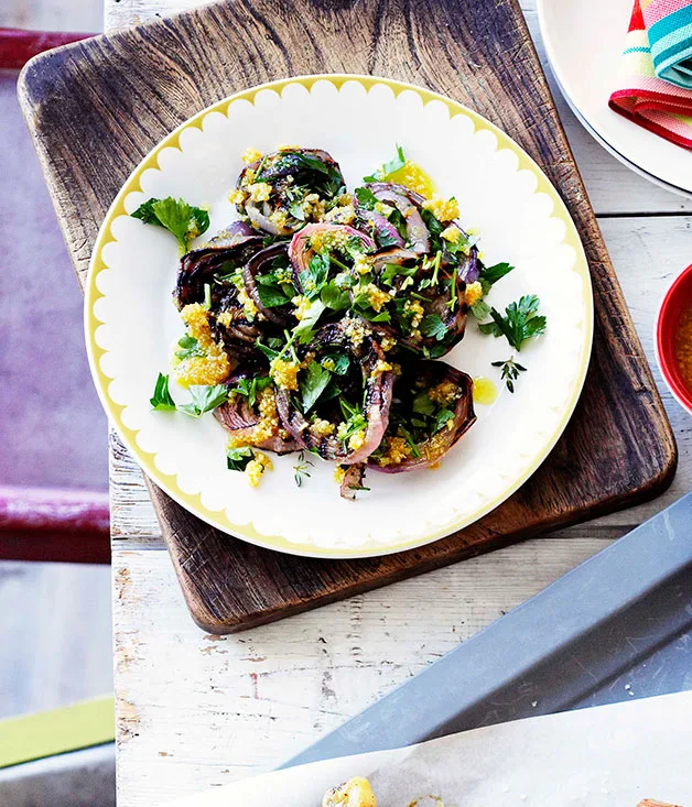 Grilled red onion salad with hazelnut aillade