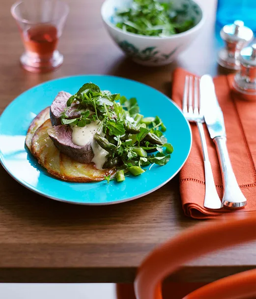 Roast veal fillet with crisp potato galettes and tonnato sauce