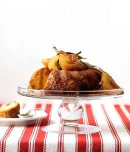 Olive oil and polenta cake with vermouth pears