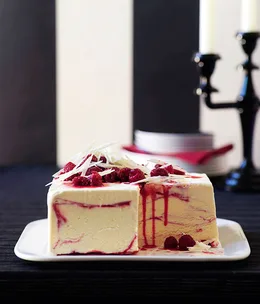 White chocolate and raspberry-ripple ice-cream cake