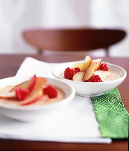 White peach mousse with white peach and raspberry salad