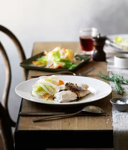 Poached chicken with rosemary and anchovy sauce