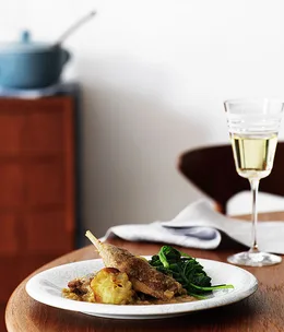 Guinea fowl with apples, Calvados and cavolo nero