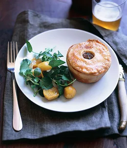 Truffled pork pies with watercress and beetroot salad