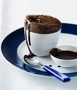 Chocolate and marrons glacés soufflé with chocolate sauce
