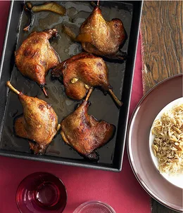 Orange and cardamom duck legs with rice pilaf