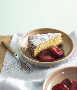 Almond lemon cake with roasted plums