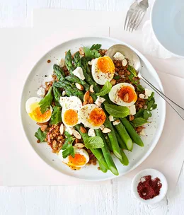 Lentil and asparagus salad with egg and sumac