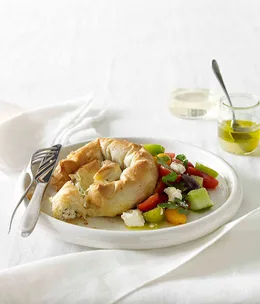 Haloumi, feta and mint boureki with Greek salad