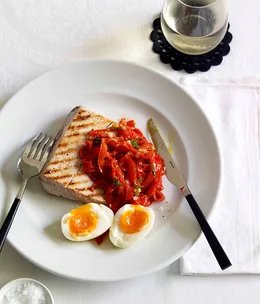 Chargrilled swordfish, capsicum salad and soft-boiled egg
