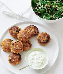 Chickpea and sweet potato cakes with green bean and mint salad