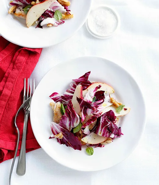 Red sensation pear, quail, walnut and radicchio salad