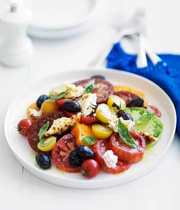 Heirloom tomato salad with baked ricotta and olives