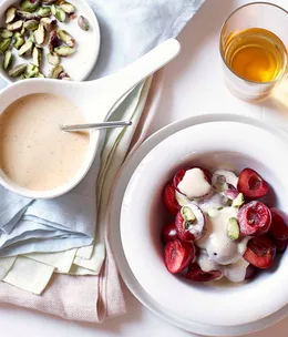 Dessert wine sabayon with cherries and pistachios