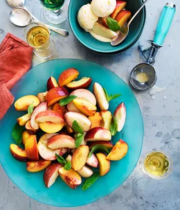 Stone fruit salad with peach and buttermilk ice-cream