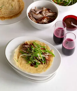 Chinese roast duck with green onion pancakes