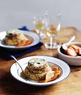 Twice-baked Roquefort soufflé with Sauternes-poached quince
