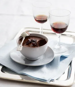 Chocolate pots with Pedro Ximénez -spiced sour cherries