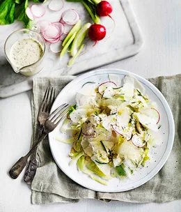 Celery, kohlrabi and radish salad with basil cream