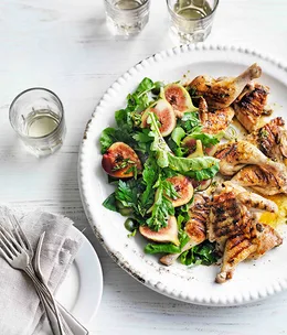 Grilled spatchcock with lardo, fig and Sicilian olive salad