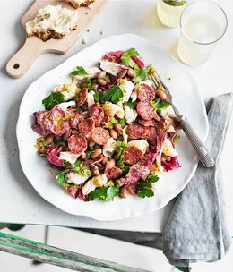 Borlotti bean, calamari and salami salad with fennel seed dressing