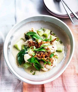 Lobster poached in ginger-coconut milk with melon