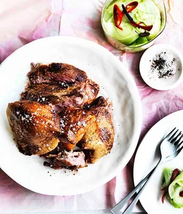 Golden duck with cold pickled melon and cucumber