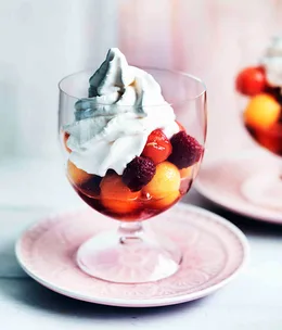 Melon salad with musk and raspberry whipped yoghurt