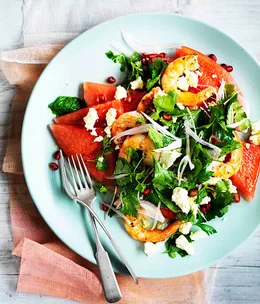 Watermelon, Persian feta, prawn and herb salad