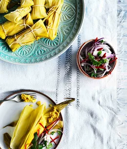 Salted fresh corn tamales with salsa criolla (Humitas con salsa criolla)