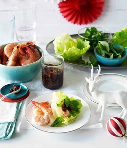 Prawns with shallot and chilli jam, herbs and crisp lettuce