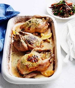 Mascarpone-roasted spatchcock with roast carrot and lentil salad