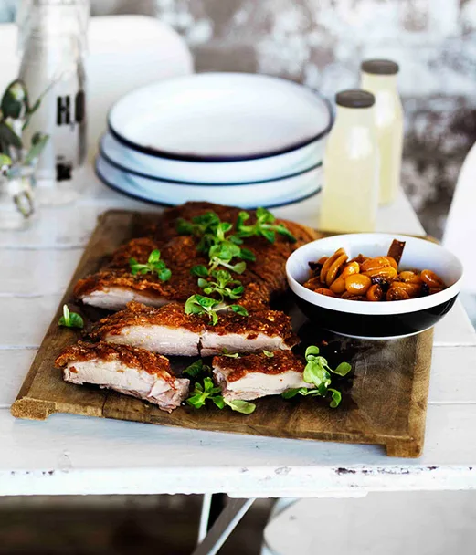 Roast confit pork belly with cumquat relish
