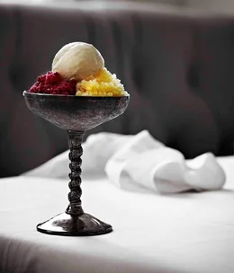 Prickly pear granita, mandarin granita, vanilla ice-cream