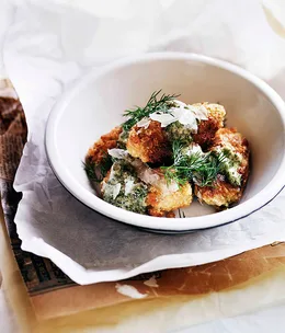 Crumbed lambs’ brains with piquant herb sauce