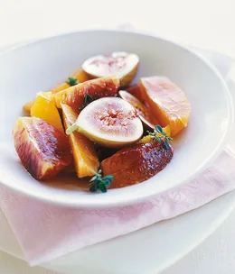 Citrus salad in white wine and thyme syrup