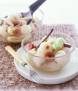 Lychees, cherries and guavas in lemongrass and vanilla syrup