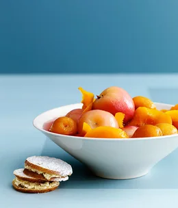 Lavender-poached stone fruit with walnut and honey cream sandwiches