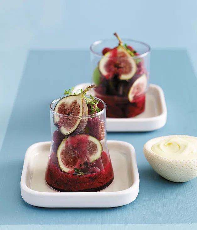 Figs in iced raspberry and thyme compote