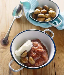 Stewed rhubarb and apple with roasted chestnuts