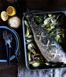 Mulloway with gem lettuce, fennel and anchovies