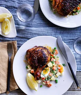 Roast chicken with Russian salad