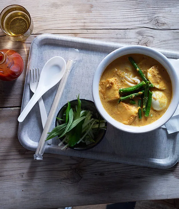 Laksa with tofu, eggs and snake beans