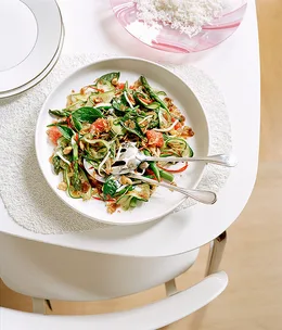 Ruby grapefruit, asparagus, cashew and coconut salad with chilli jam