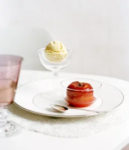 Roast peaches with Hoegaarden ice-cream