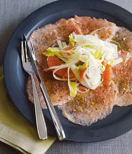 Veal carpaccio with ruby grapefruit and celery salad
