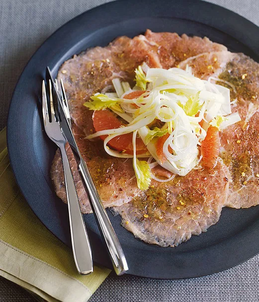 Veal carpaccio with ruby grapefruit and celery salad